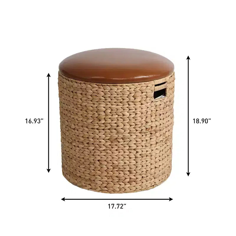 18" Modern Coastal Hand-Woven Hyacinth Storage Ottoman with Lid