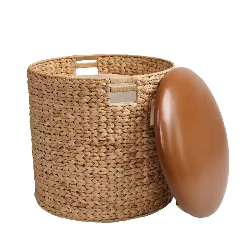 18" Modern Coastal Hand-Woven Hyacinth Storage Ottoman with Lid