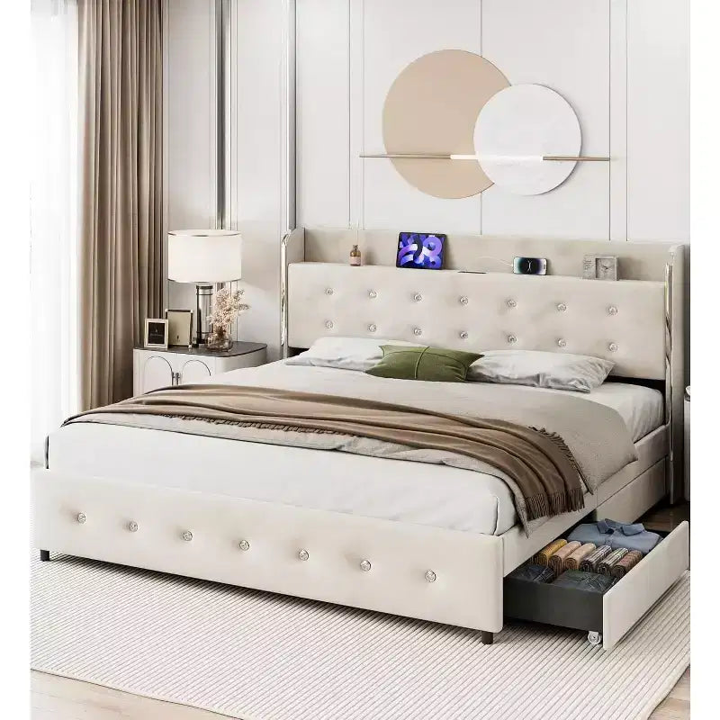 Full Bed Frame with 4 Storage Drawers, Velvet Upholstered Platform Bed Frame, Wooden Slats Support, No Box Spring Needed, 1000Lbs Support, Beige