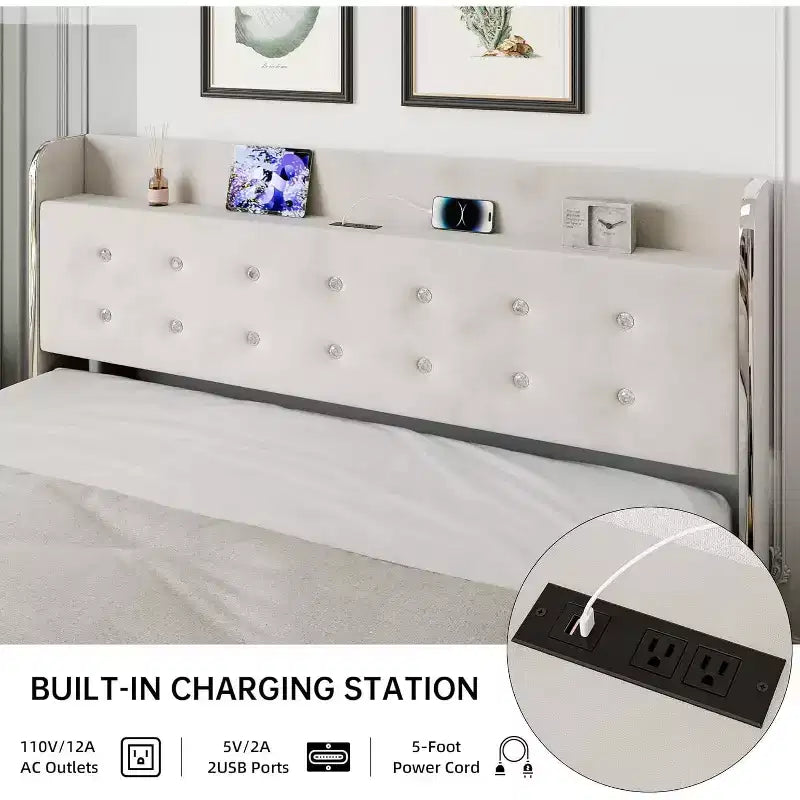 Full Bed Frame with 4 Storage Drawers, Velvet Upholstered, Wooden Slats, No Box Spring, 1000 lbs, Beige