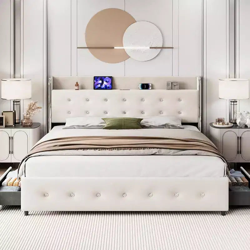 Full Bed Frame with 4 Storage Drawers, Velvet Upholstered, Wooden Slats, No Box Spring, 1000 lbs, Beige