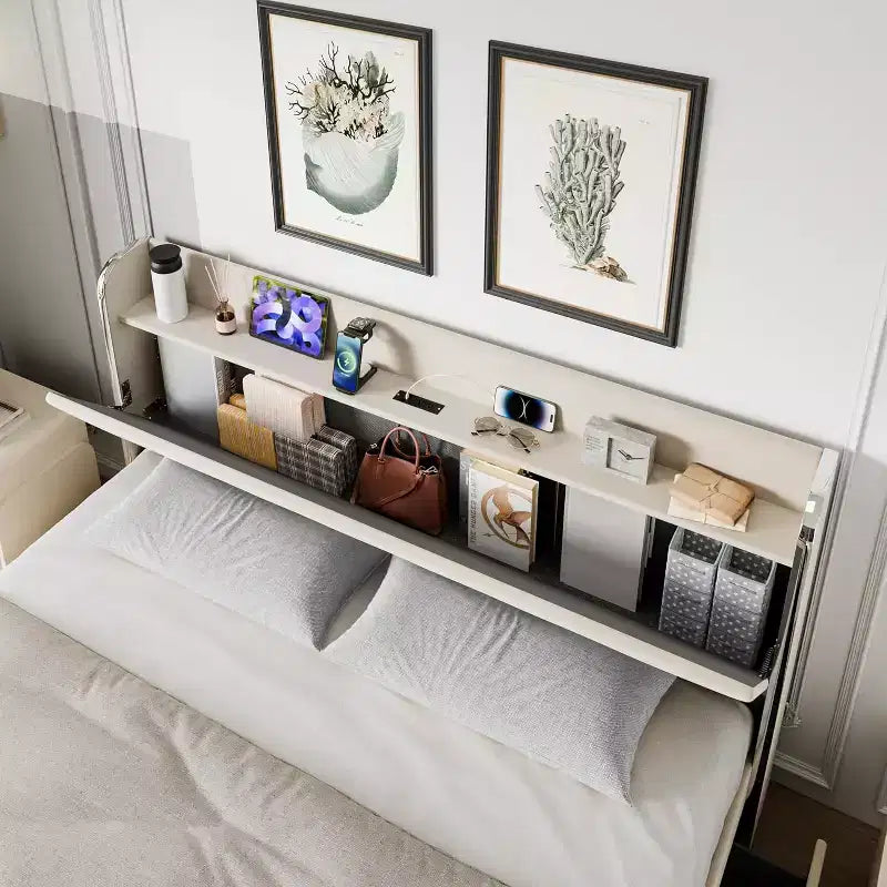 Full Bed Frame with 4 Storage Drawers, Velvet Upholstered, Wooden Slats, No Box Spring, 1000 lbs, Beige