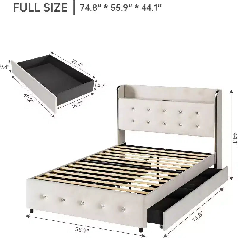 Full Bed Frame with 4 Storage Drawers, Velvet Upholstered, Wooden Slats, No Box Spring, 1000 lbs, Beige