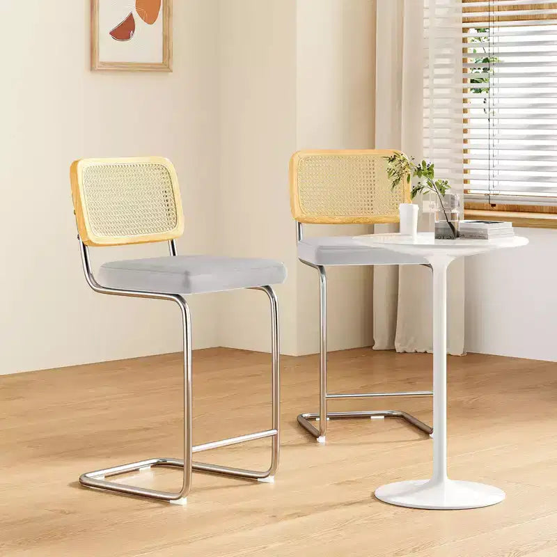 PexFix 2Pcs Counter Height Bar Stools Upholstered Velvet Barstools with Rattan Back 26 Height Stools Armless Bar Chairs for Kitchen Island Grey