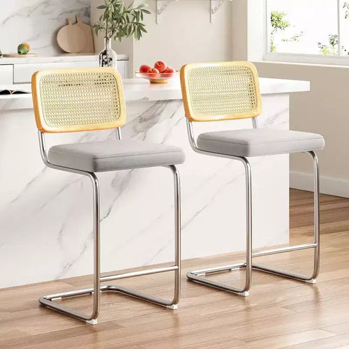 2Pcs Counter Height Bar Stools Upholstered Velvet Barstools with Rattan Back 26" Armless Bar Chairs for Kitchen Island, Light Grey