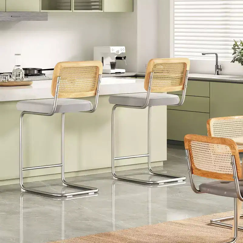 2Pcs Counter Height Bar Stools Upholstered Velvet Barstools with Rattan Back 26" Armless Bar Chairs for Kitchen Island, Light Grey
