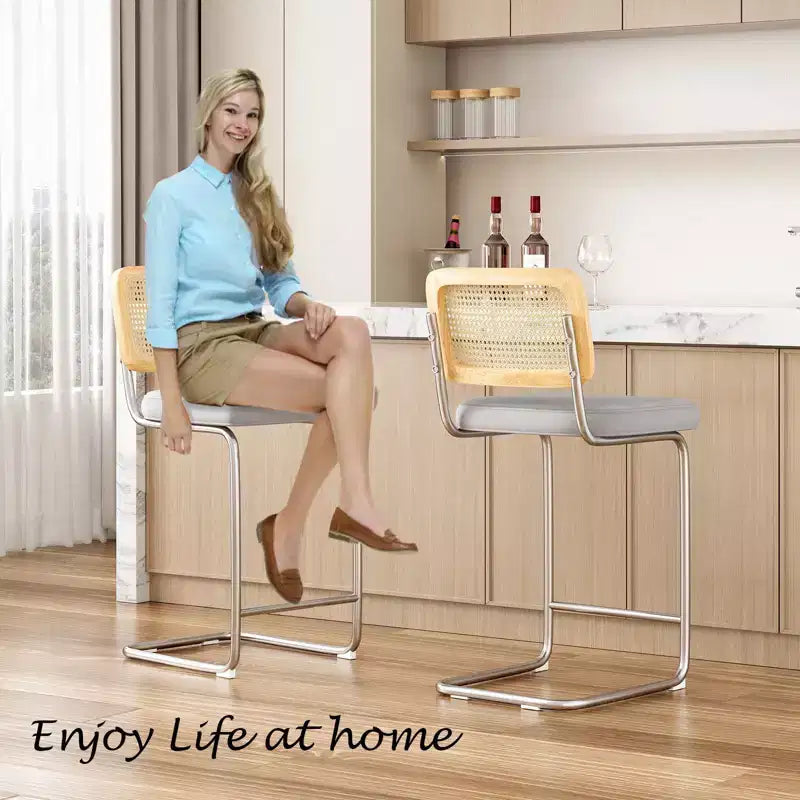 2Pcs Counter Height Bar Stools Upholstered Velvet Barstools with Rattan Back 26" Armless Bar Chairs for Kitchen Island, Light Grey