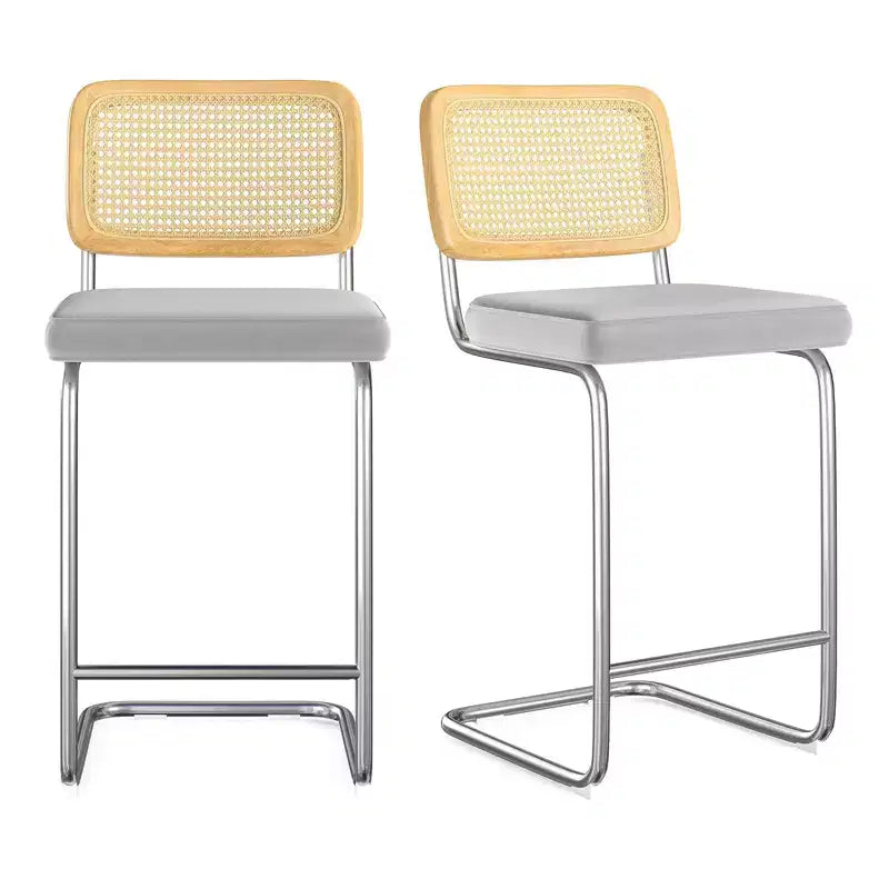 2Pcs Counter Height Bar Stools Upholstered Velvet Barstools with Rattan Back 26" Armless Bar Chairs for Kitchen Island, Light Grey