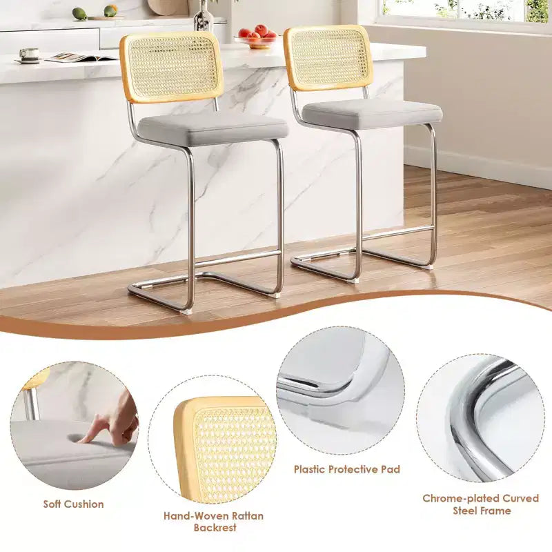 2Pcs Counter Height Bar Stools Upholstered Velvet Barstools with Rattan Back 26" Armless Bar Chairs for Kitchen Island, Light Grey
