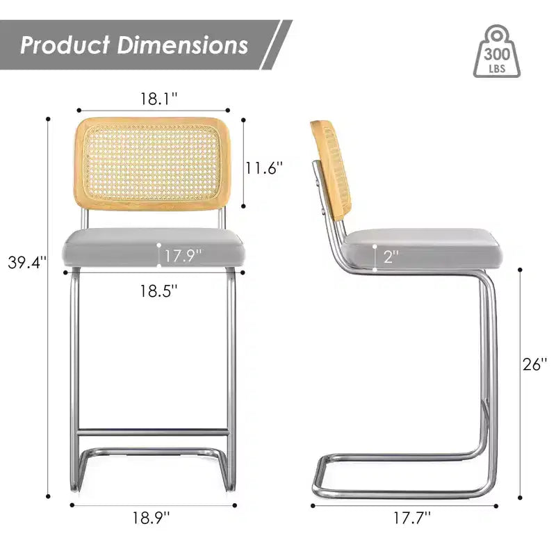 2Pcs Counter Height Bar Stools Upholstered Velvet Barstools with Rattan Back 26" Armless Bar Chairs for Kitchen Island, Light Grey
