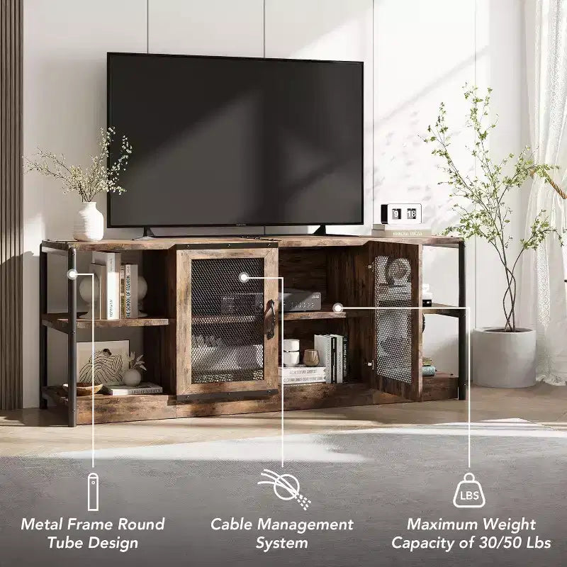 63" Farmhouse TV Stand - Rustic Media Console with Mesh Doors for TVs Up to 75"