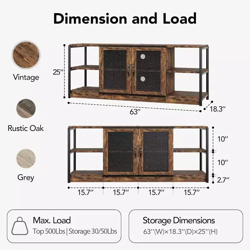 63" Farmhouse TV Stand - Rustic Media Console with Mesh Doors for TVs Up to 75"