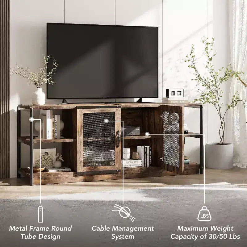 63" Farmhouse TV Stand - Rustic Media Console with Mesh Doors for TVs Up to 75"