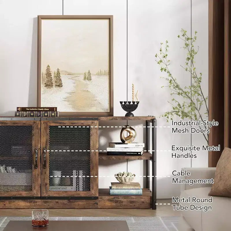 63" Farmhouse TV Stand - Rustic Media Console with Mesh Doors for TVs Up to 75"