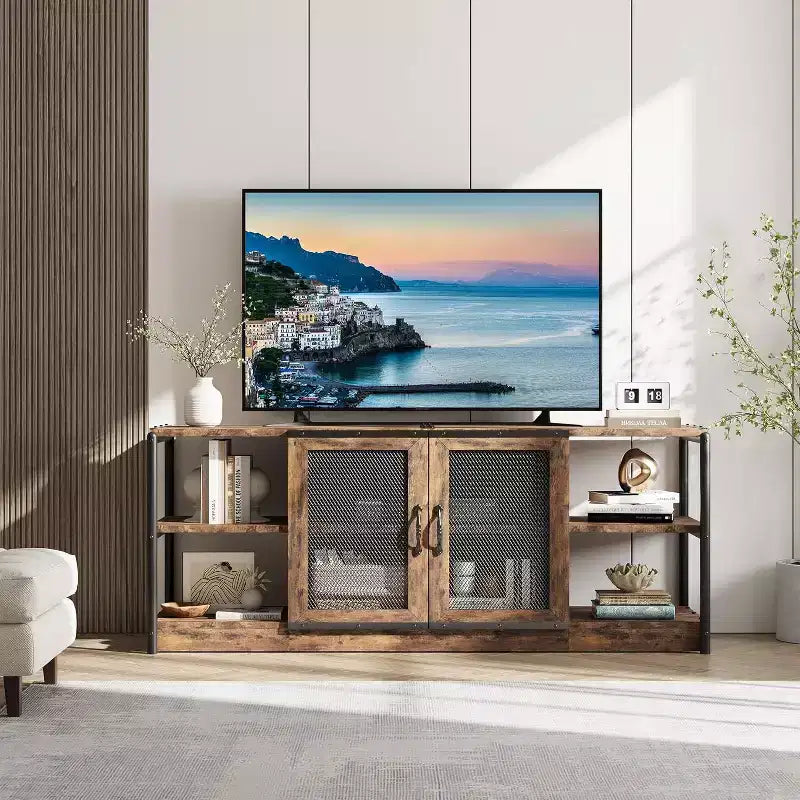63" Farmhouse TV Stand - Rustic Media Console with Mesh Doors for TVs Up to 75"