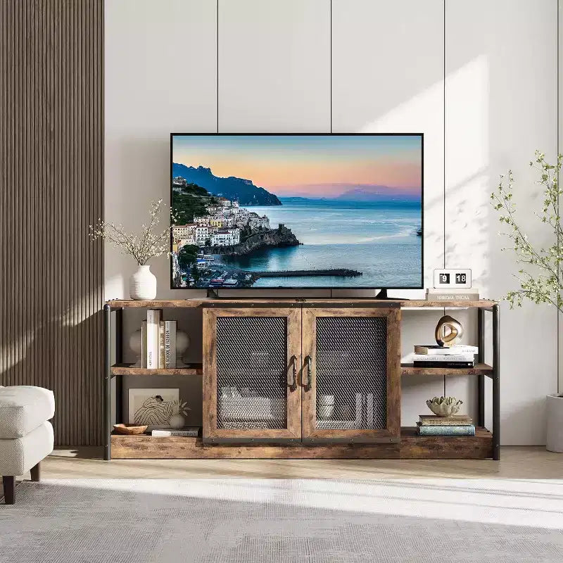 63" Farmhouse TV Stand - Rustic Media Console with Mesh Doors for TVs Up to 75"