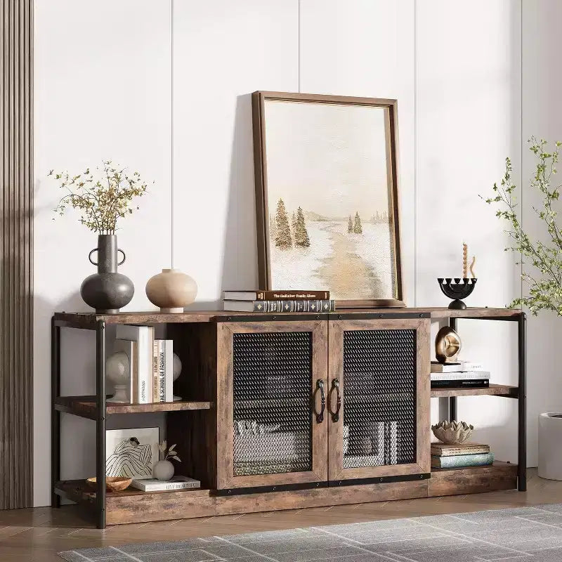 63" Farmhouse TV Stand - Rustic Media Console with Mesh Doors for TVs Up to 75"