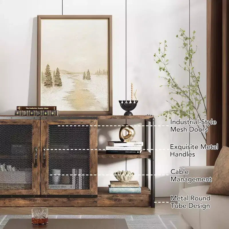 63" Farmhouse TV Stand - Rustic Media Console with Mesh Doors for TVs Up to 75"