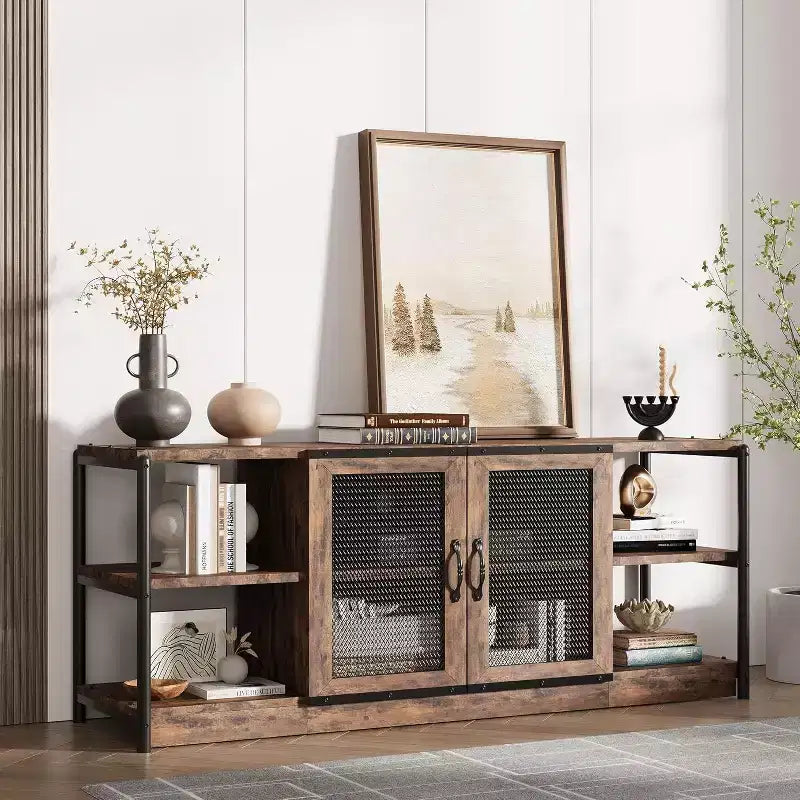 63" Farmhouse TV Stand - Rustic Media Console with Mesh Doors for TVs Up to 75"