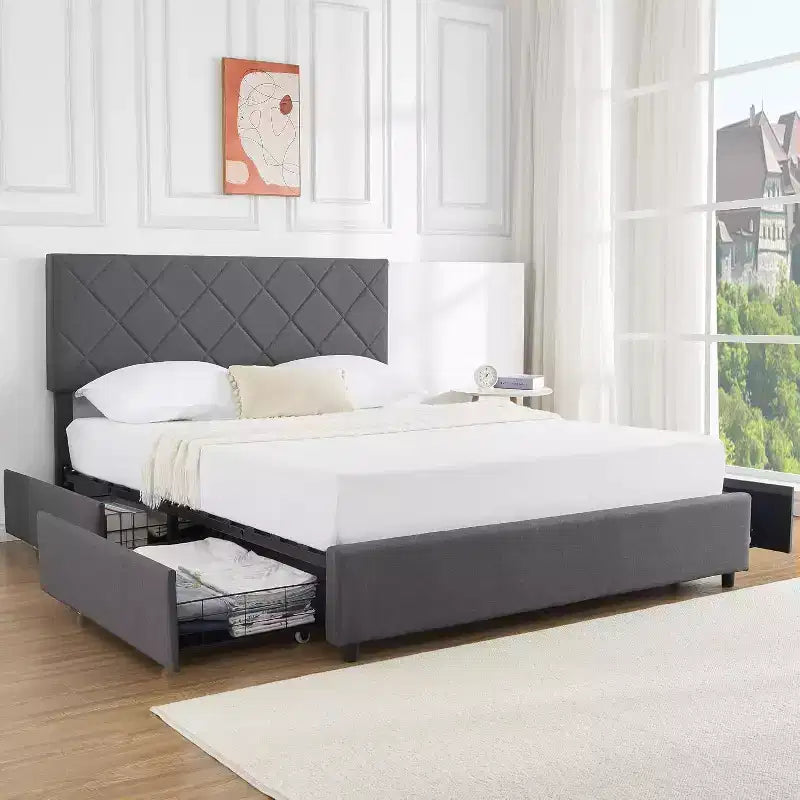 Acekool Queen Bed - Adjustable Headboard & Storage
