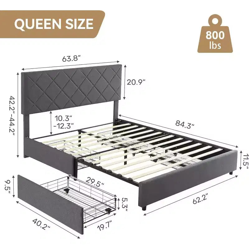 Queen Bed - Adjustable Headboard & Storage