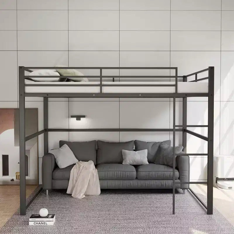 Metal Loft Bed Full Size, Loft Bed Frame with Safety Guard Rails & Flat Ladder, Twin Loft Bed for Kids Teens Adults