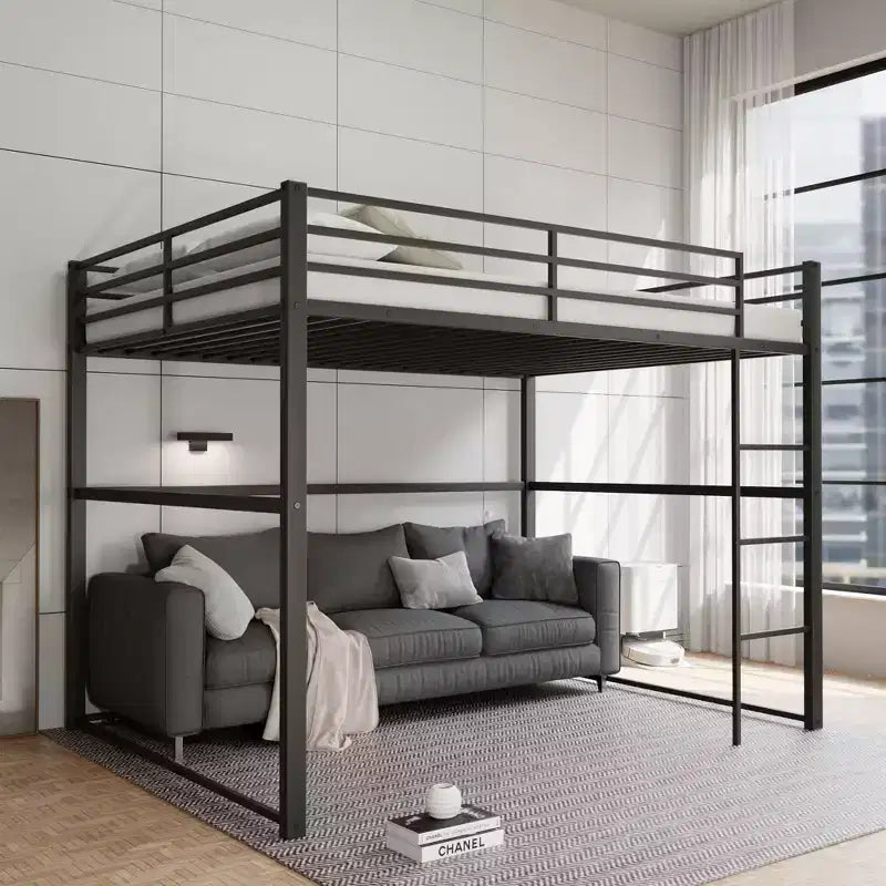 Metal Loft Bed with Safety Guard Rails & Flat Ladder