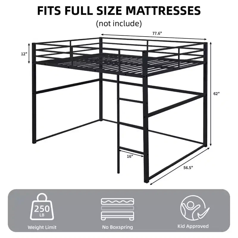 Metal Loft Bed with Safety Guard Rails & Flat Ladder