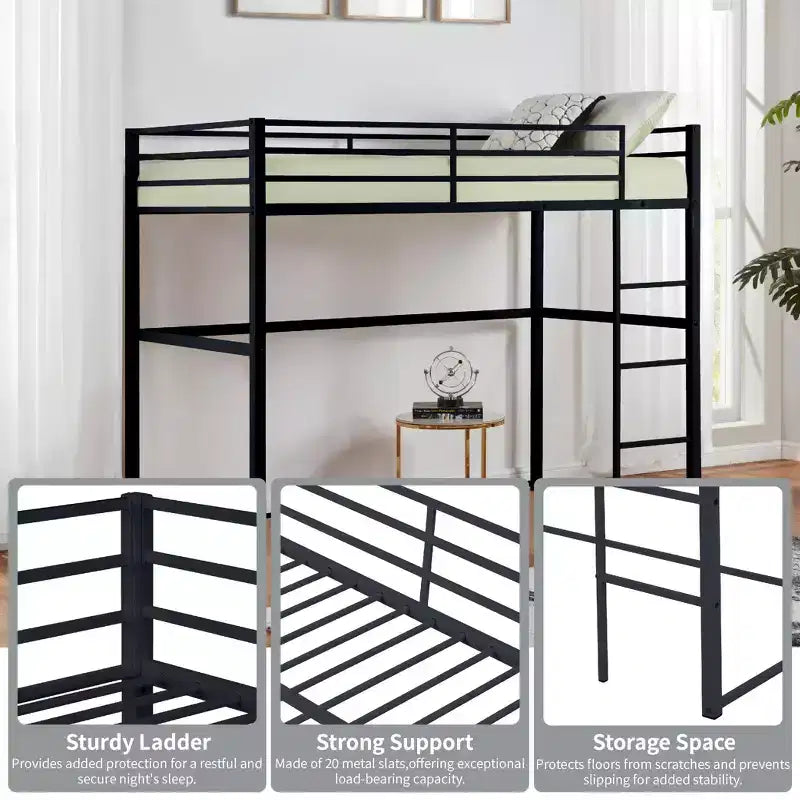 Metal Loft Bed with Safety Guard Rails & Flat Ladder
