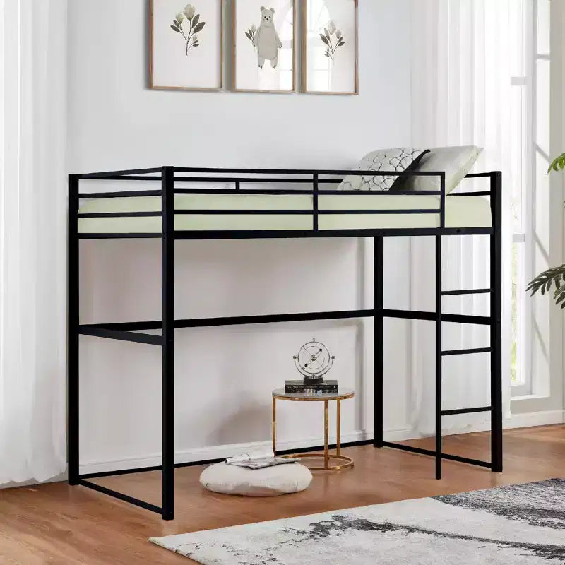 Metal Loft Bed with Safety Guard Rails & Flat Ladder