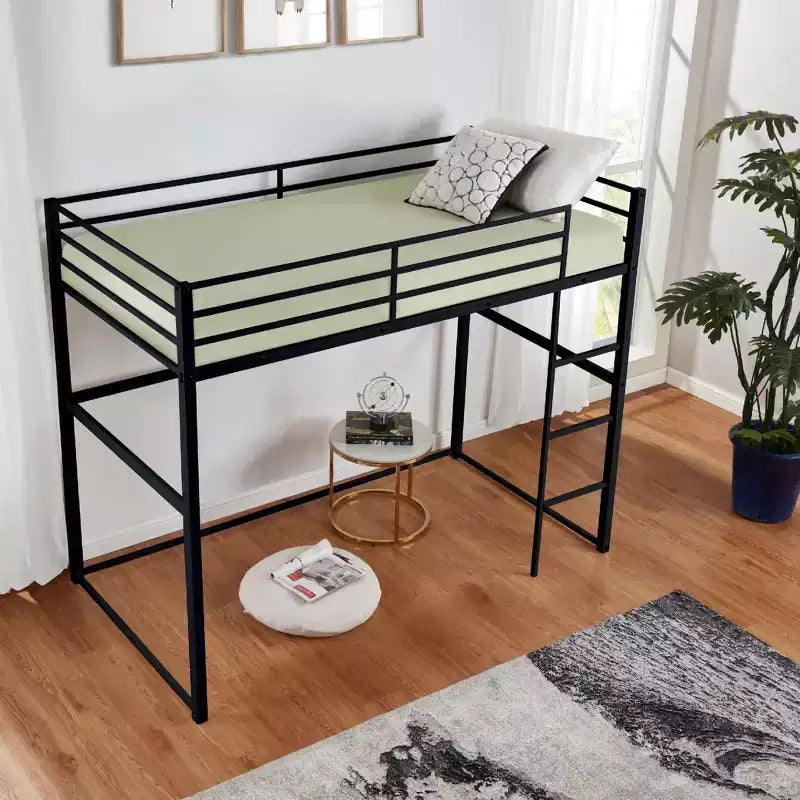 Metal Loft Bed with Safety Guard Rails & Flat Ladder