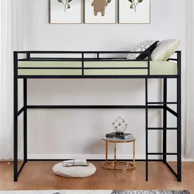 Metal Loft Bed with Safety Guard Rails & Flat Ladder