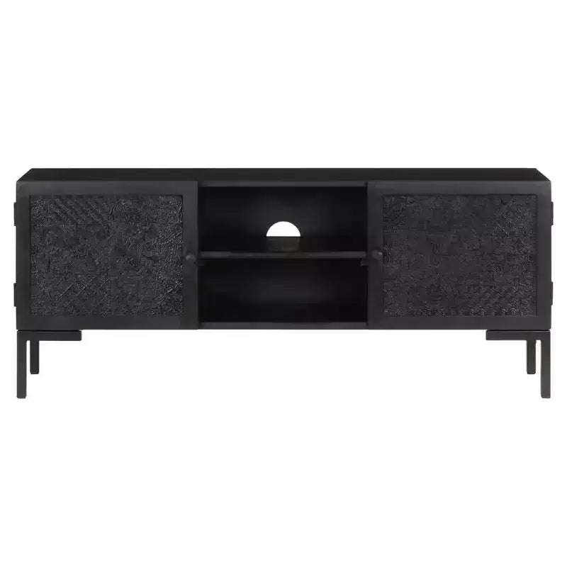 vidaXL Solid Wood TV Stand with Two Shelves and Doors, Powder Coated Steel Frame, Black Finish, Industrial Style, Size: 45.3x11.8x18.1