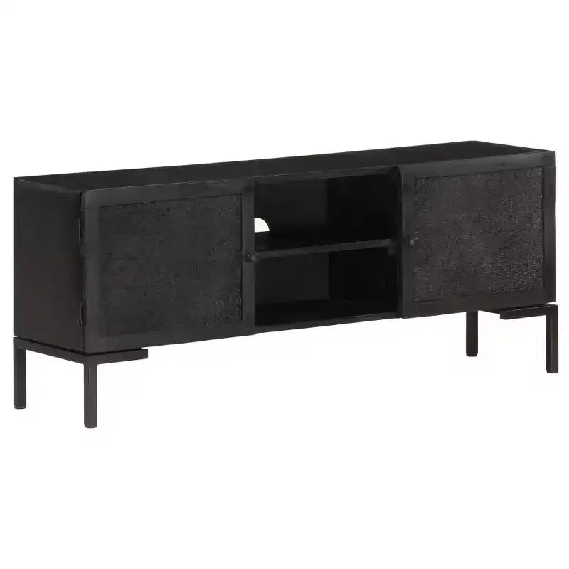 Solid Wood TV Stand with Two Shelves and Sliding Doors, Black Industrial Style
