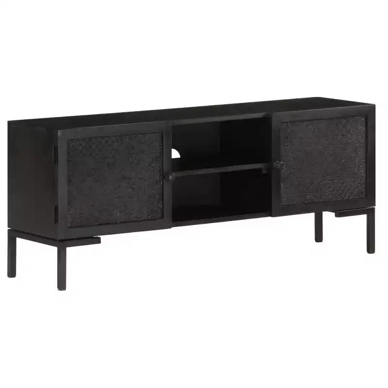 Solid Wood TV Stand with Two Shelves and Sliding Doors, Black Industrial Style