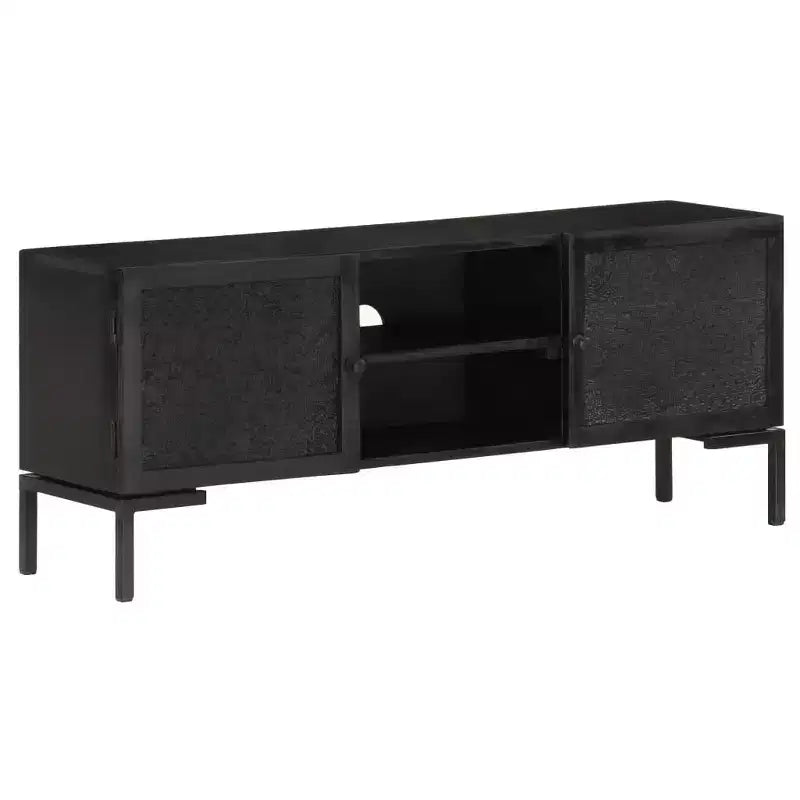 Solid Wood TV Stand with Two Shelves and Sliding Doors, Black Industrial Style