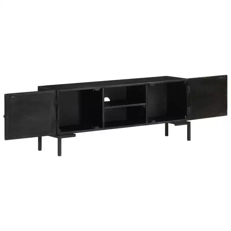 Solid Wood TV Stand with Two Shelves and Sliding Doors, Black Industrial Style