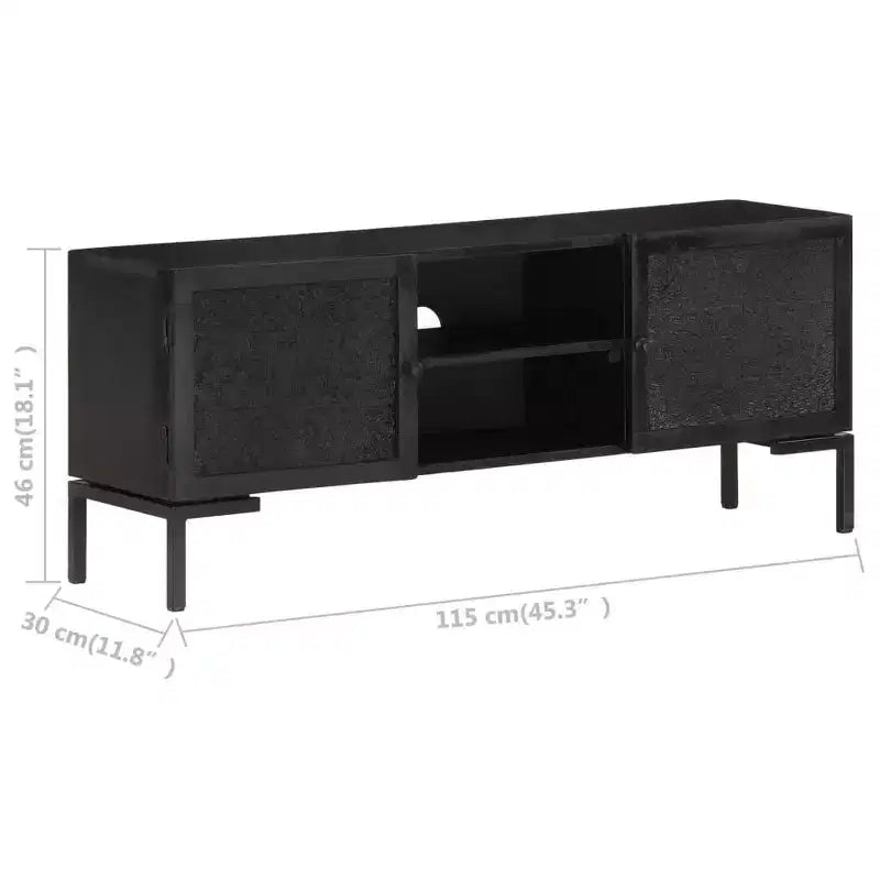 Solid Wood TV Stand with Two Shelves and Sliding Doors, Black Industrial Style