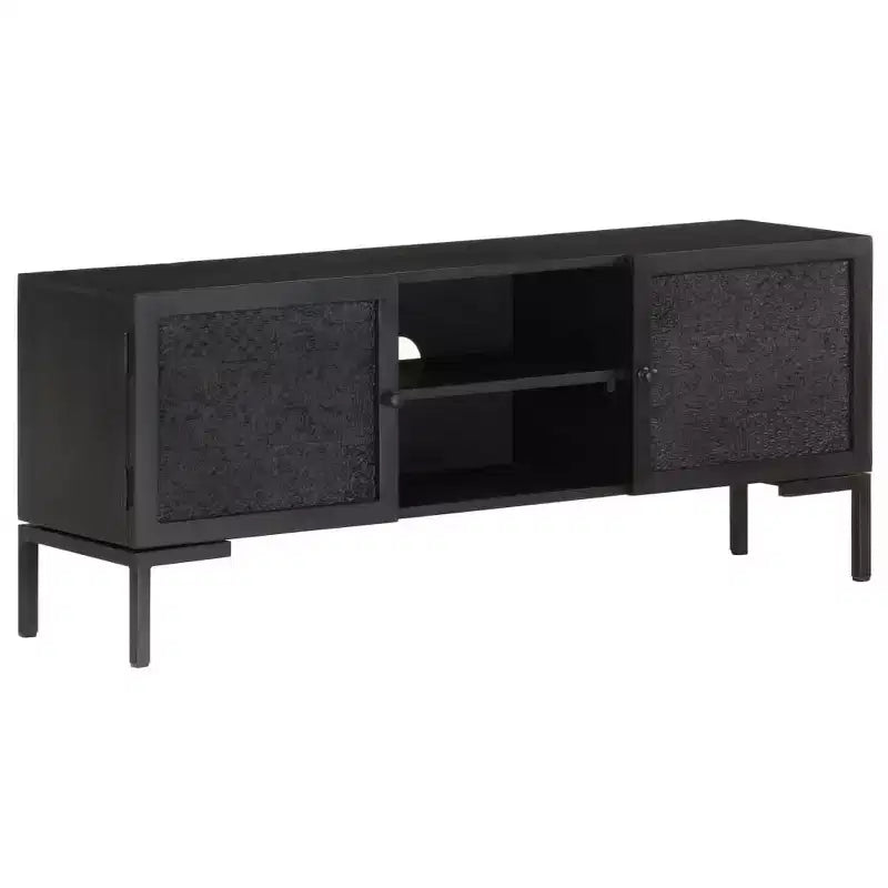Solid Wood TV Stand with Two Shelves and Sliding Doors, Black Industrial Style