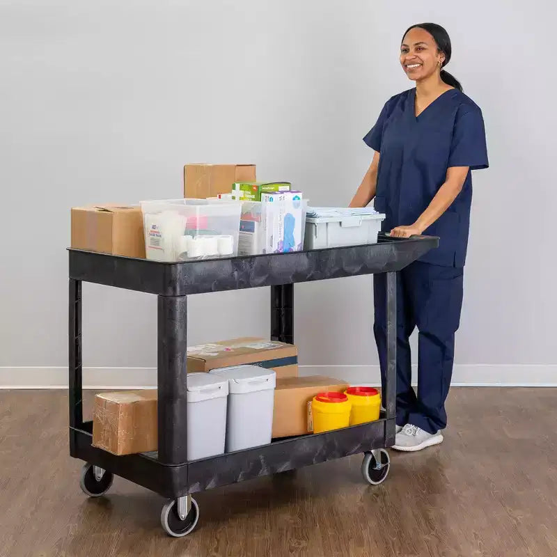 Extra Large Two Shelf Utility Service Cart - Heavy-Duty Rolling Cart for Warehouse, School & Office (Black, 45.5 x 24.5)