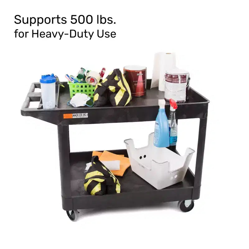 Extra Large Two Shelf Utility Service Cart - Heavy-Duty Rolling Cart for Warehouse, School & Office (Black, 45.5 x 24.5)