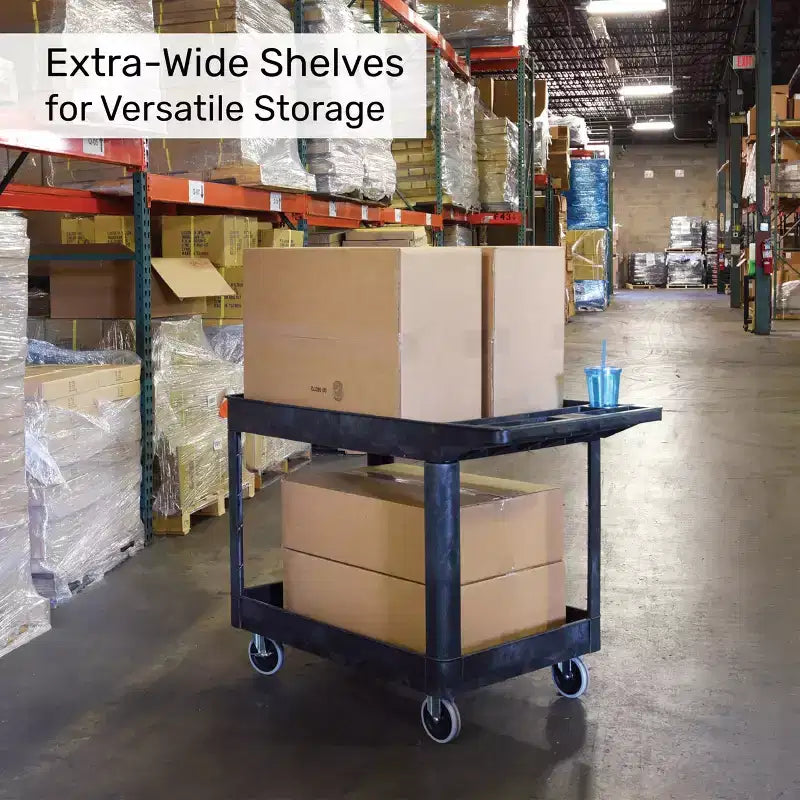 Extra Large Two Shelf Utility Service Cart - Heavy-Duty Rolling Cart for Warehouse, School & Office (Black, 45.5 x 24.5)