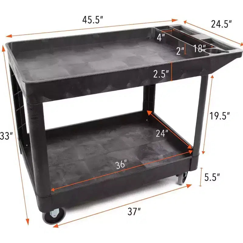 Extra Large Two Shelf Utility Service Cart - Heavy-Duty Rolling Cart for Warehouse, School & Office (Black, 45.5 x 24.5)