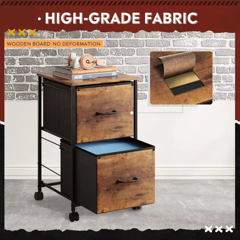 Filing Cabinet 2 Drawer Mobile Printer Stand for Home Office, Vertical File Cabinet, Fits A4 Size, Rustic Brown Wood Grain
