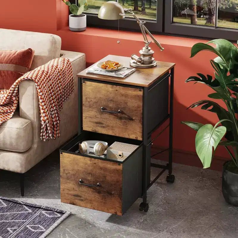 Filing Cabinet 2 Drawer Mobile Printer Stand for Home Office, Vertical File Cabinet, Fits A4 Size, Rustic Brown Wood Grain