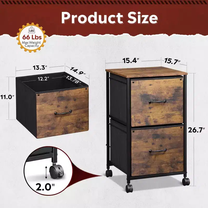 Filing Cabinet 2 Drawer Mobile Printer Stand for Home Office, Vertical File Cabinet, Fits A4 Size, Rustic Brown Wood Grain