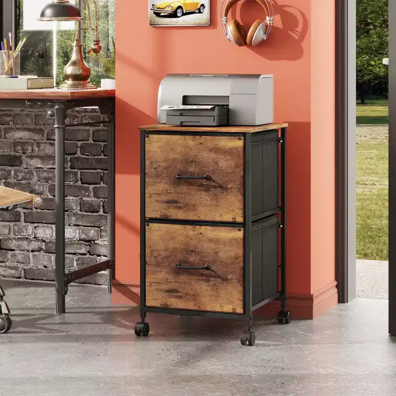 Filing Cabinet 2 Drawer Mobile Printer Stand for Home Office, Vertical File Cabinet, Fits A4 Size, Rustic Brown Wood Grain