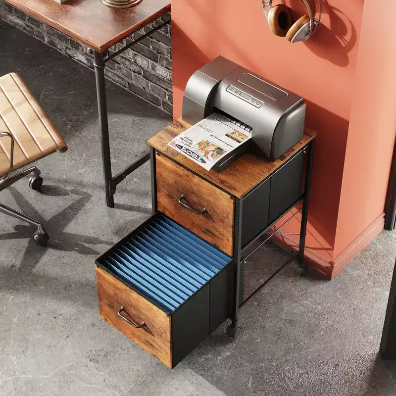 Filing Cabinet 2 Drawer Mobile Printer Stand for Home Office, Vertical File Cabinet, Fits A4 Size, Rustic Brown Wood Grain