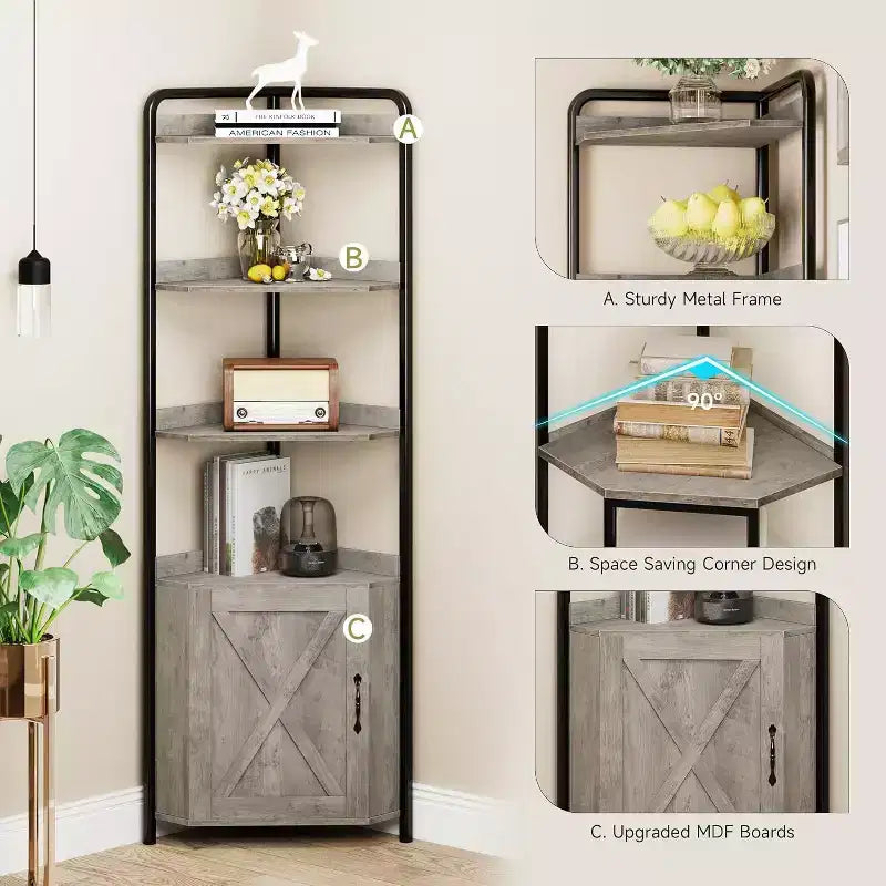 70.9" Tall Corner Cabinet, Triangle Bookshelf with Adjustable Shelves, Hidden Storage and Plant Stand