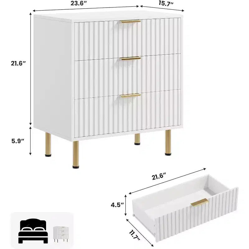 3 Drawer Dresser, Modern Fluted Nightstand with Deep Drawers, Gold Legs, Side Table Organizer for Bedroom, Living Room, Hallway